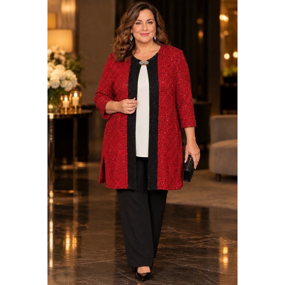 Misook Long Duster Cardigan Red Sparkle Sequin Women's Sz XL Christmas Evening